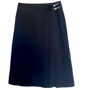 White House Black Market skirt with side slit and buckle detail. Size 4. Black.